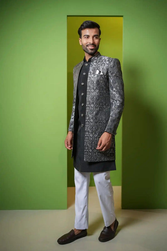 Mesmerizing Silver And Black Jacquard Indo-Western 2-PC - Kavarsa