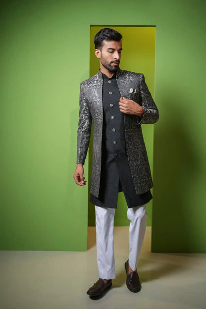 Mesmerizing Silver And Black Jacquard Indo-Western 2-PC - Kavarsa