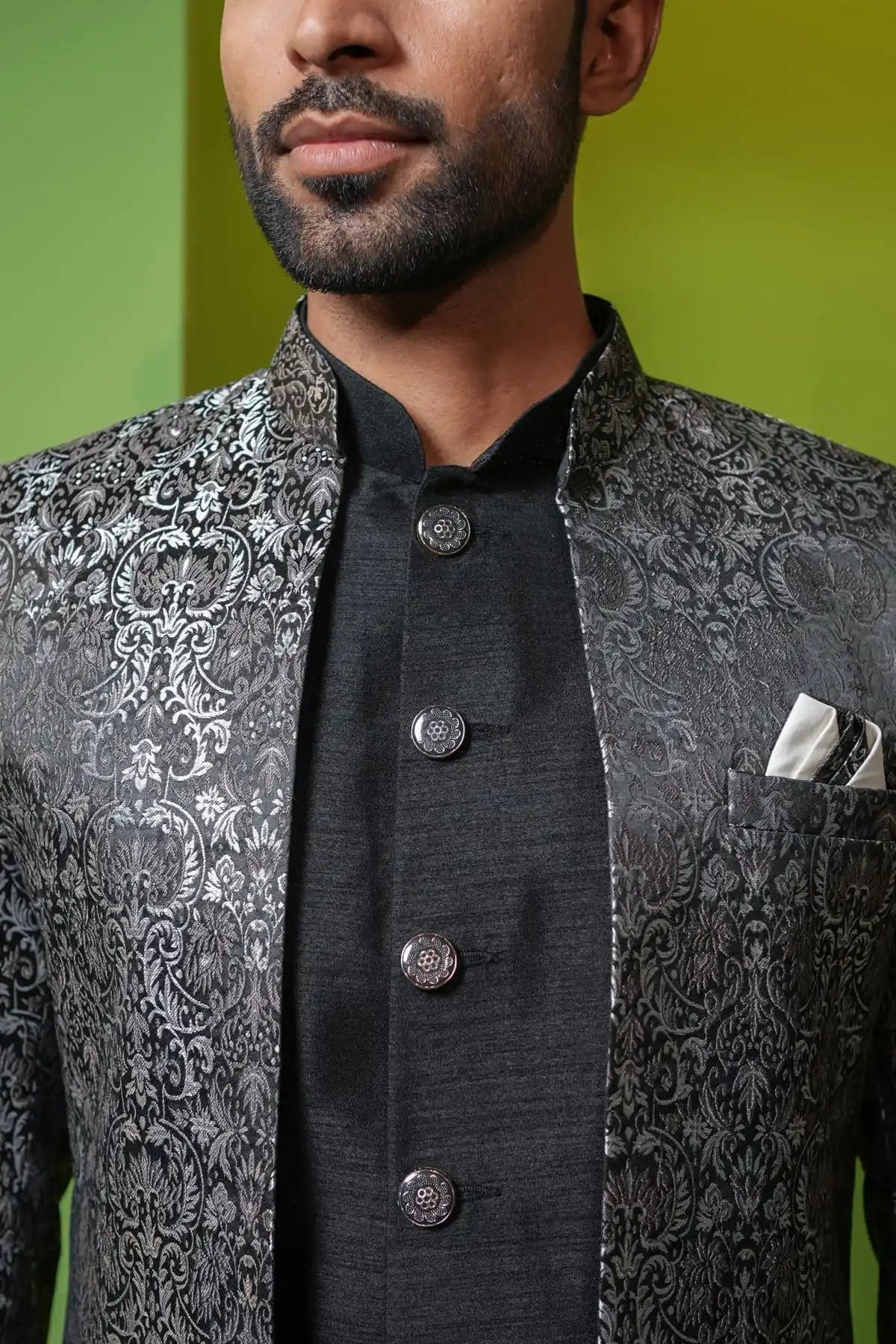 Mesmerizing Silver And Black Jacquard Indo-Western 2-PC - Kavarsa
