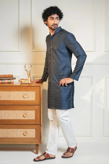 Midnight Blue Kurta, Designer Jacquard Kurta - Kavarsa