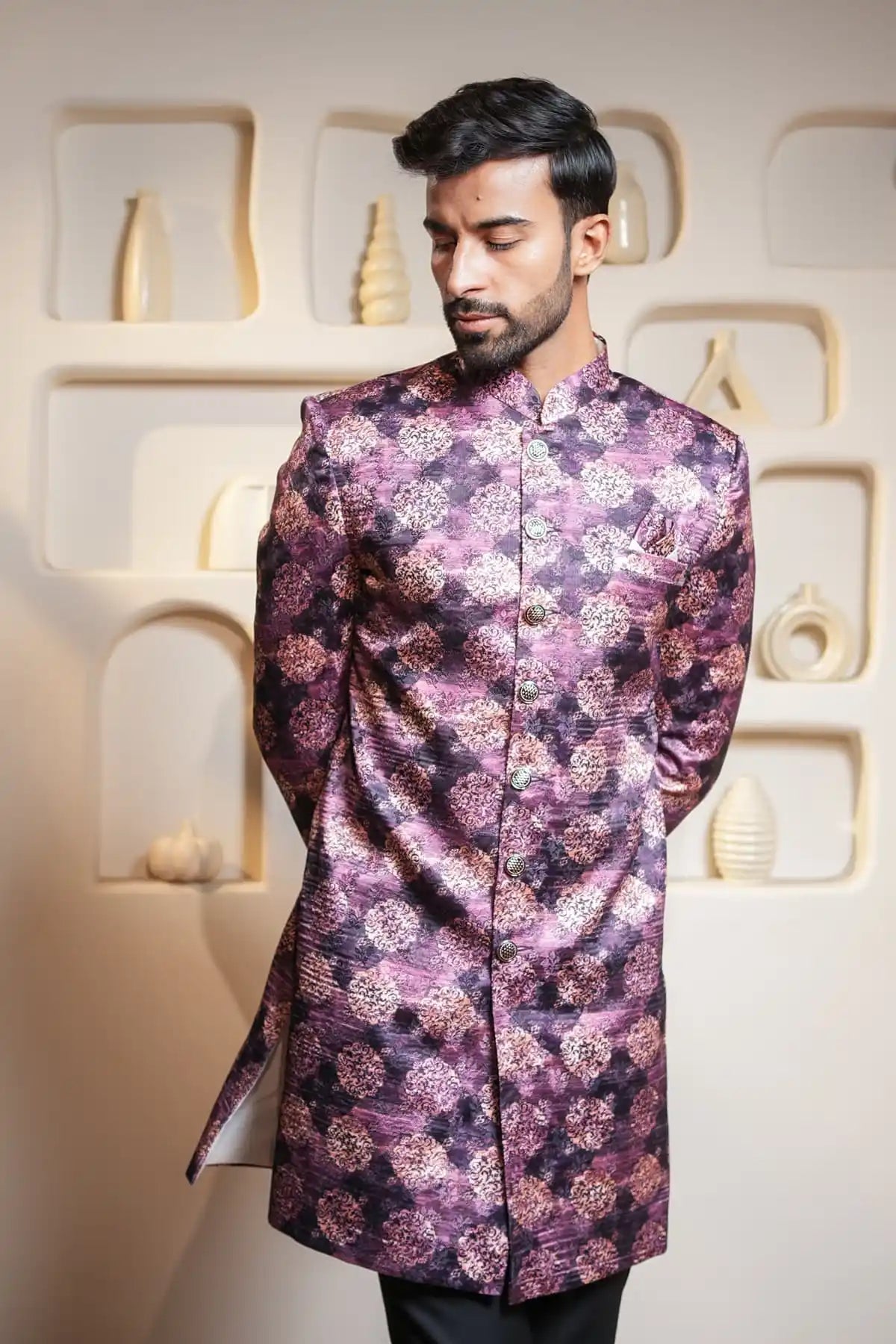 Multicolor Brocade Indo-Western Sherwani, Digital Indo-Western - Kavarsa