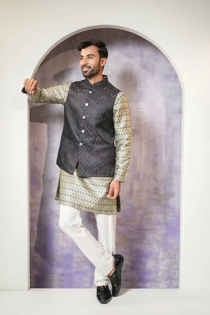 Premium Floral Nehru Jacket, Designer Jacquard Nehru Jacket - Kavarsa