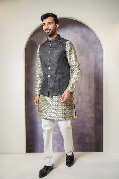 Premium Floral Nehru Jacket, Designer Jacquard Nehru Jacket - Kavarsa