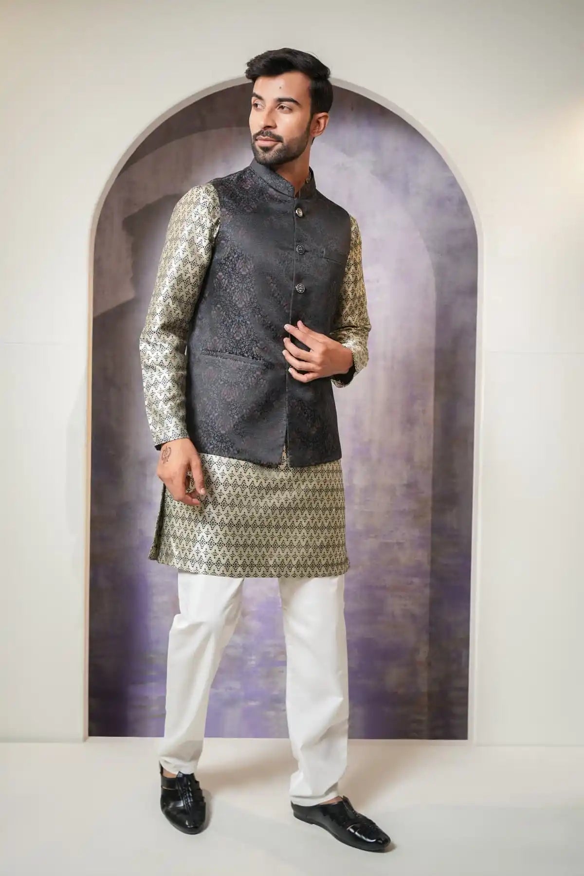 Premium Floral Nehru Jacket, Designer Jacquard Nehru Jacket - Kavarsa