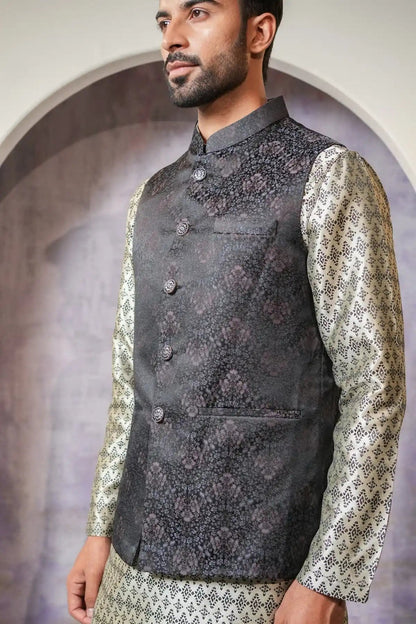 Premium Floral Nehru Jacket, Designer Jacquard Nehru Jacket - Kavarsa