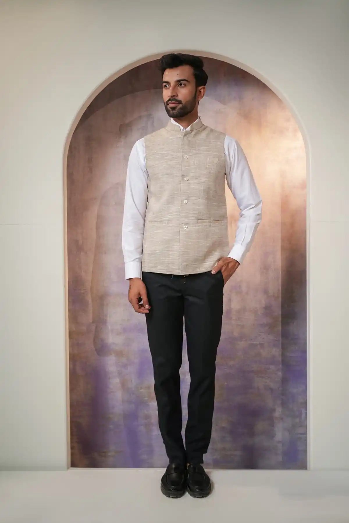 Premium Khaki Nehru Jacket, Khadi Nehru Jacket - Kavarsa