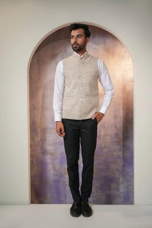Premium Khaki Nehru Jacket, Khadi Nehru Jacket - Kavarsa