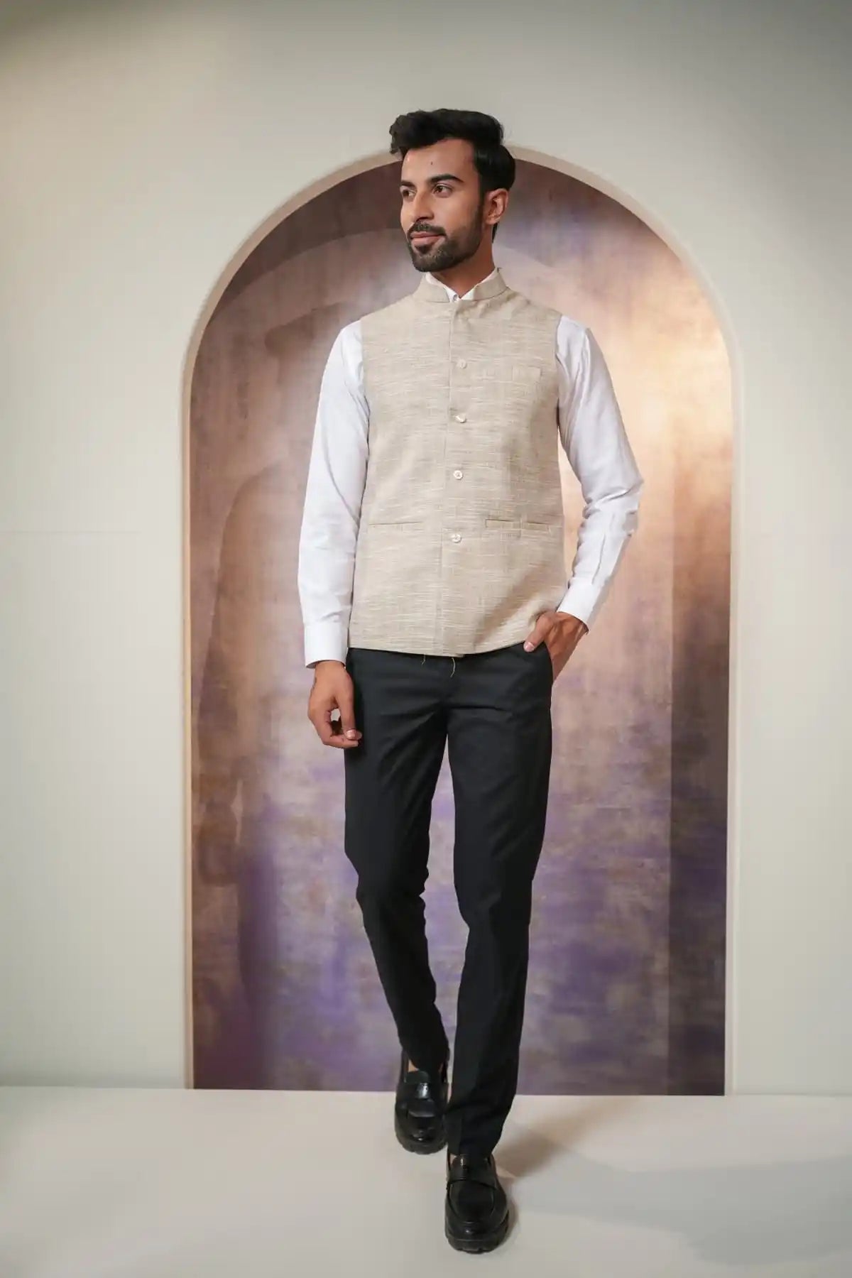 Premium Khaki Nehru Jacket, Khadi Nehru Jacket - Kavarsa