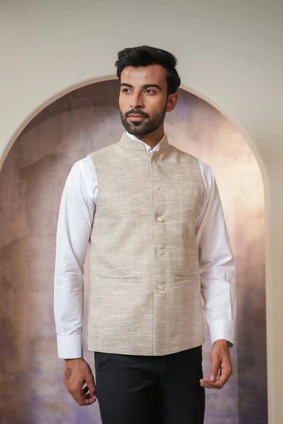 Premium Khaki Nehru Jacket, Khadi Nehru Jacket - Kavarsa