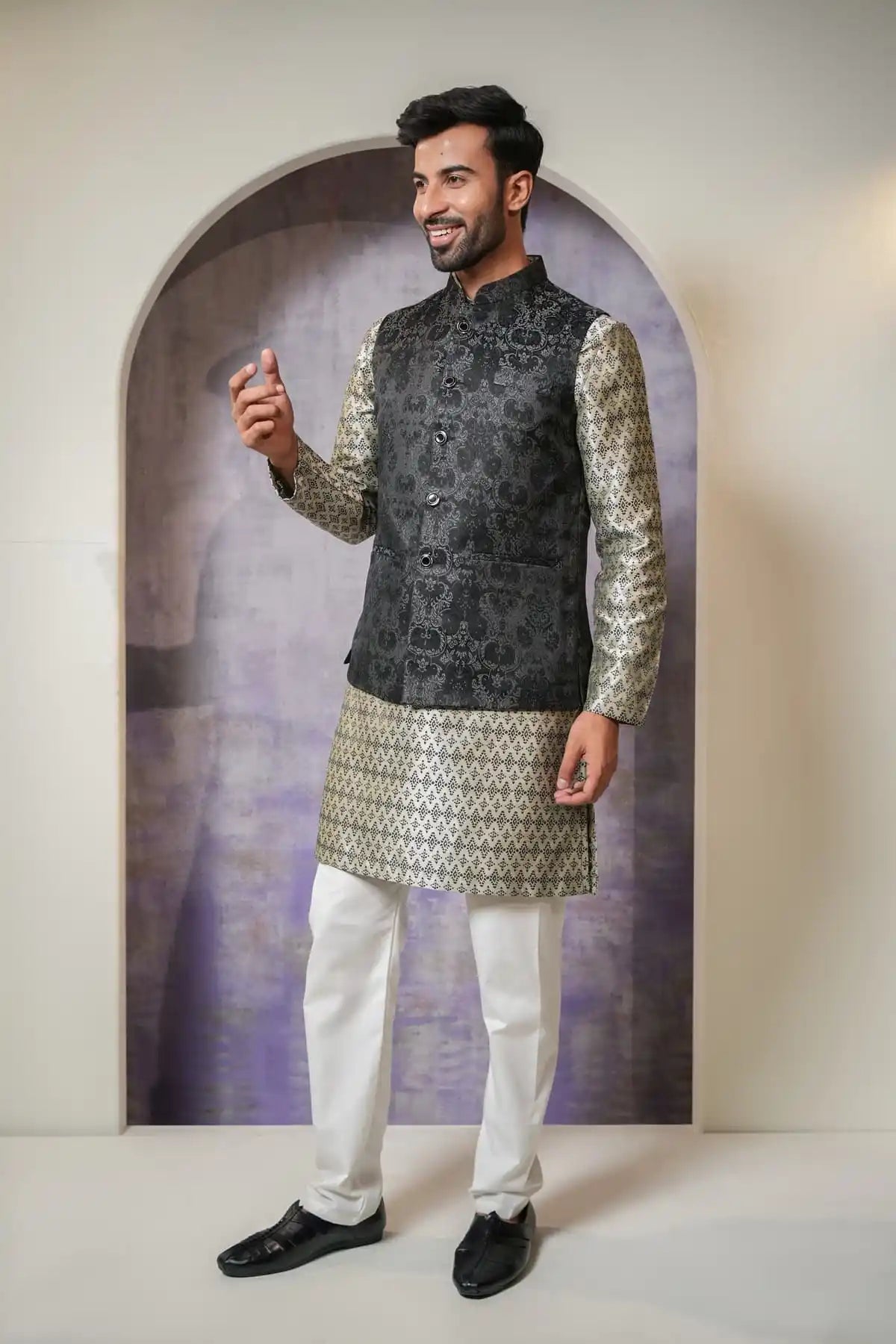 Premium Slate Black Nehru Jacket, Designer Jacquard Nehru Jacket - Kavarsa