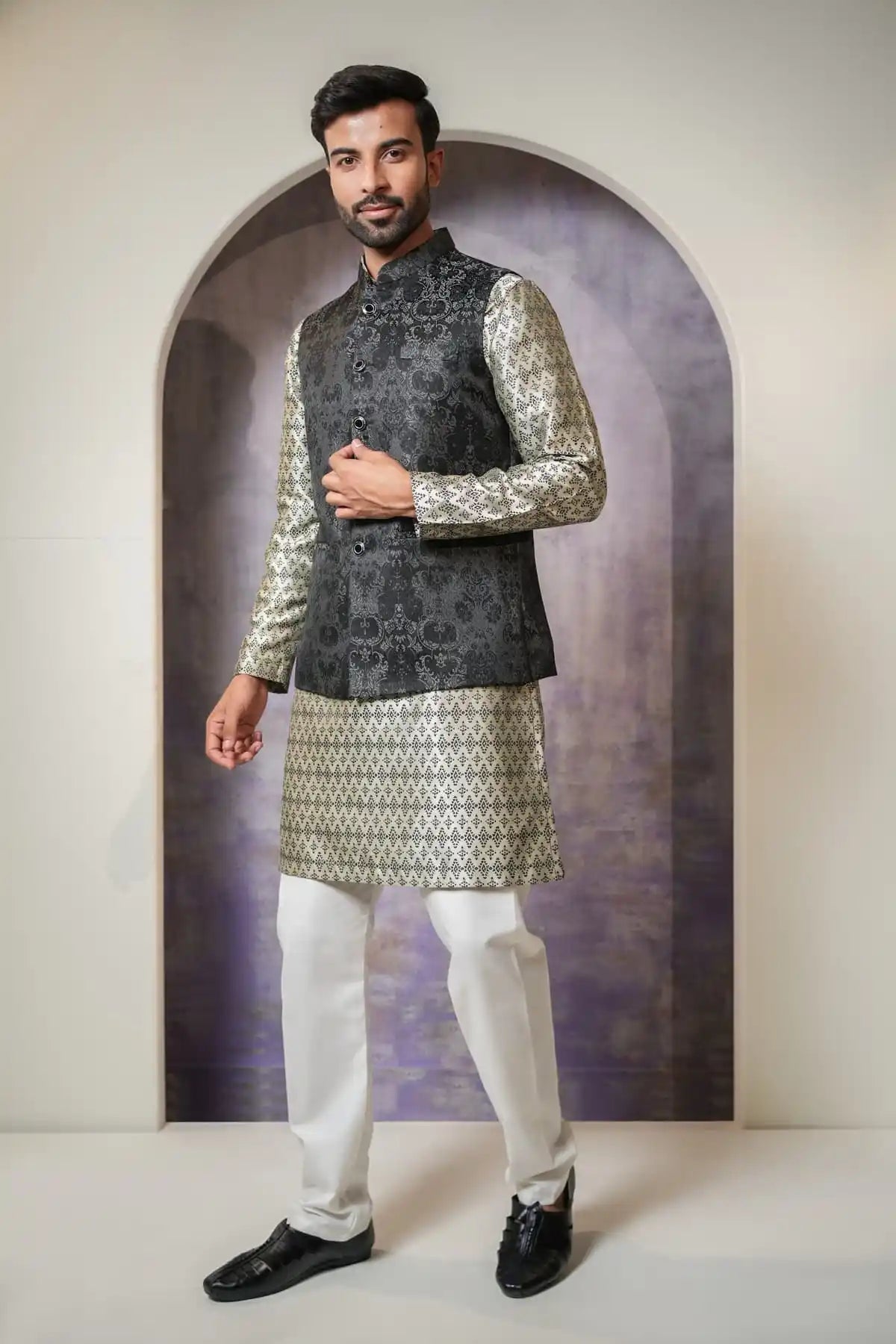 Premium Slate Black Nehru Jacket, Designer Jacquard Nehru Jacket - Kavarsa