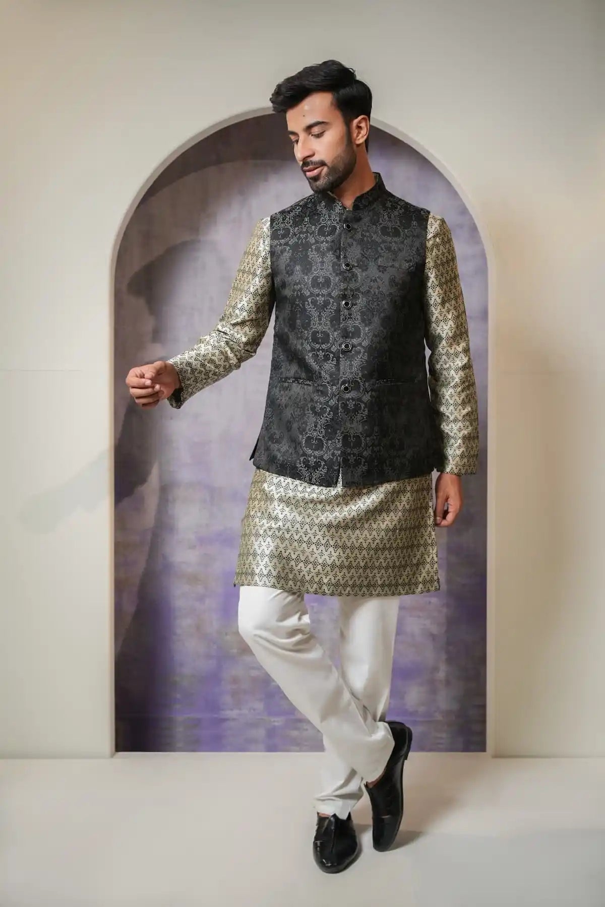 Premium Slate Black Nehru Jacket, Designer Jacquard Nehru Jacket - Kavarsa
