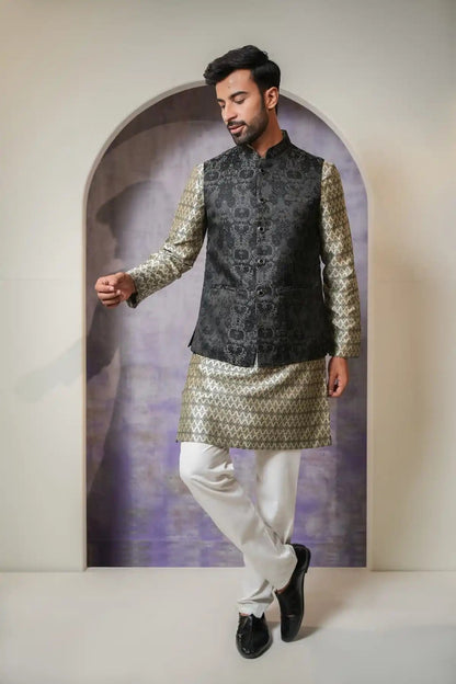 Premium Slate Black Nehru Jacket, Designer Jacquard Nehru Jacket - Kavarsa