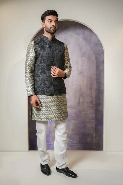 Premium Slate Black Nehru Jacket, Designer Jacquard Nehru Jacket - Kavarsa