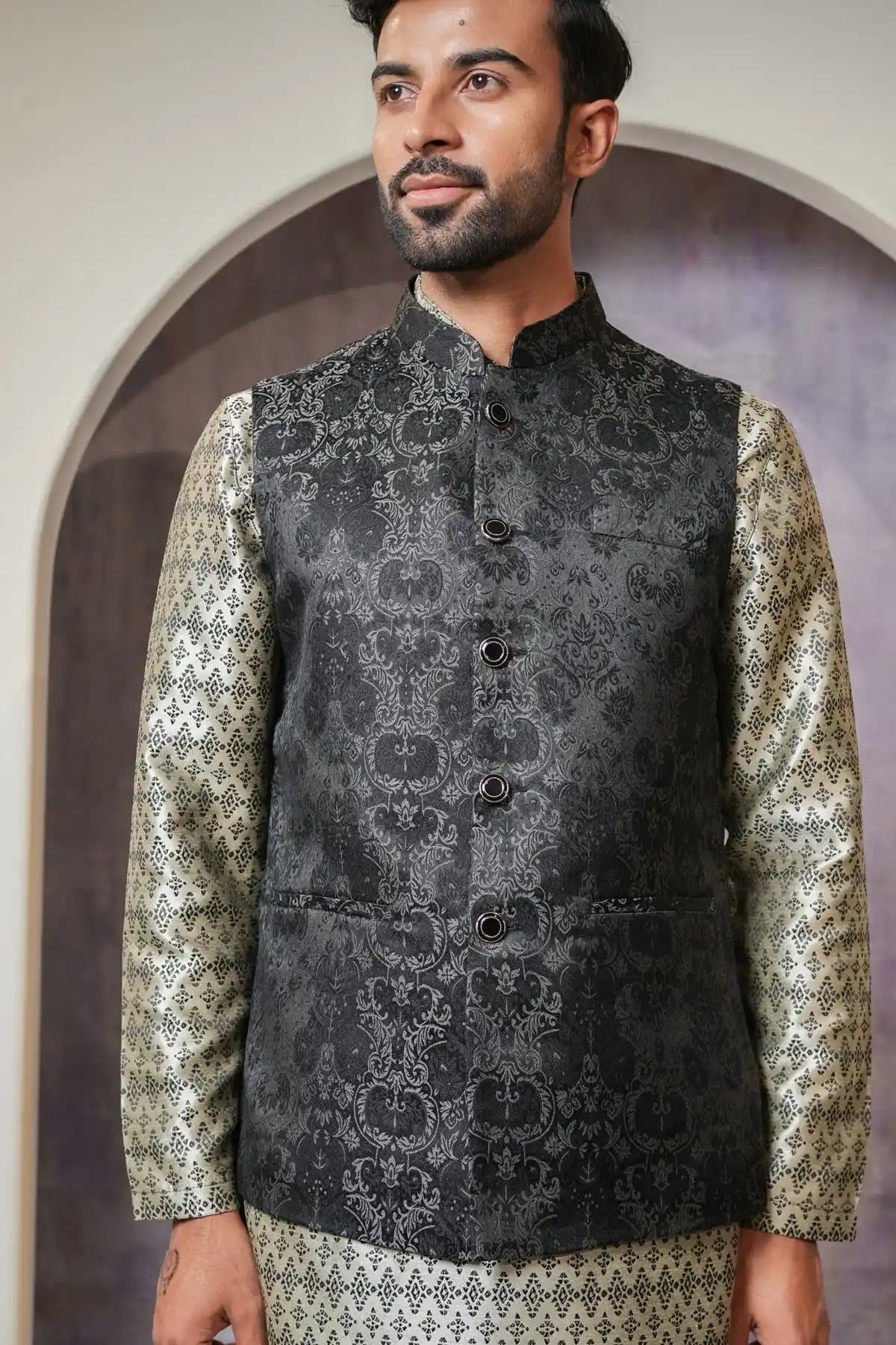 Premium Slate Black Nehru Jacket, Designer Jacquard Nehru Jacket - Kavarsa
