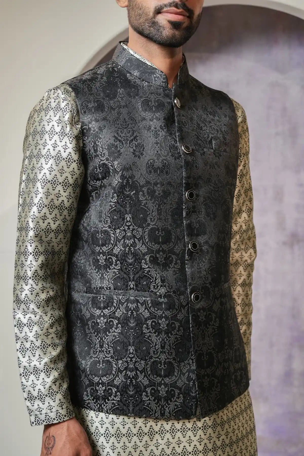 Premium Slate Black Nehru Jacket, Designer Jacquard Nehru Jacket - Kavarsa