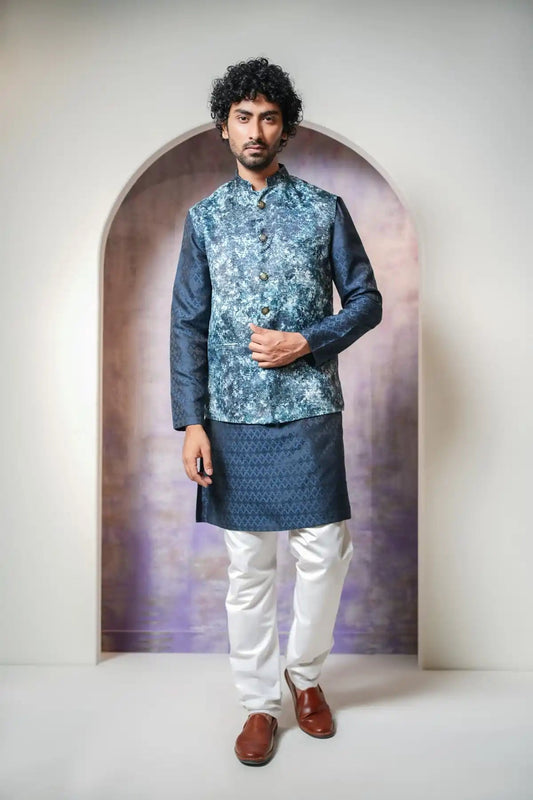 Premium Teal Blue Floral Nehru Jacket, Digital Print Nehru Jacket - Kavarsa
