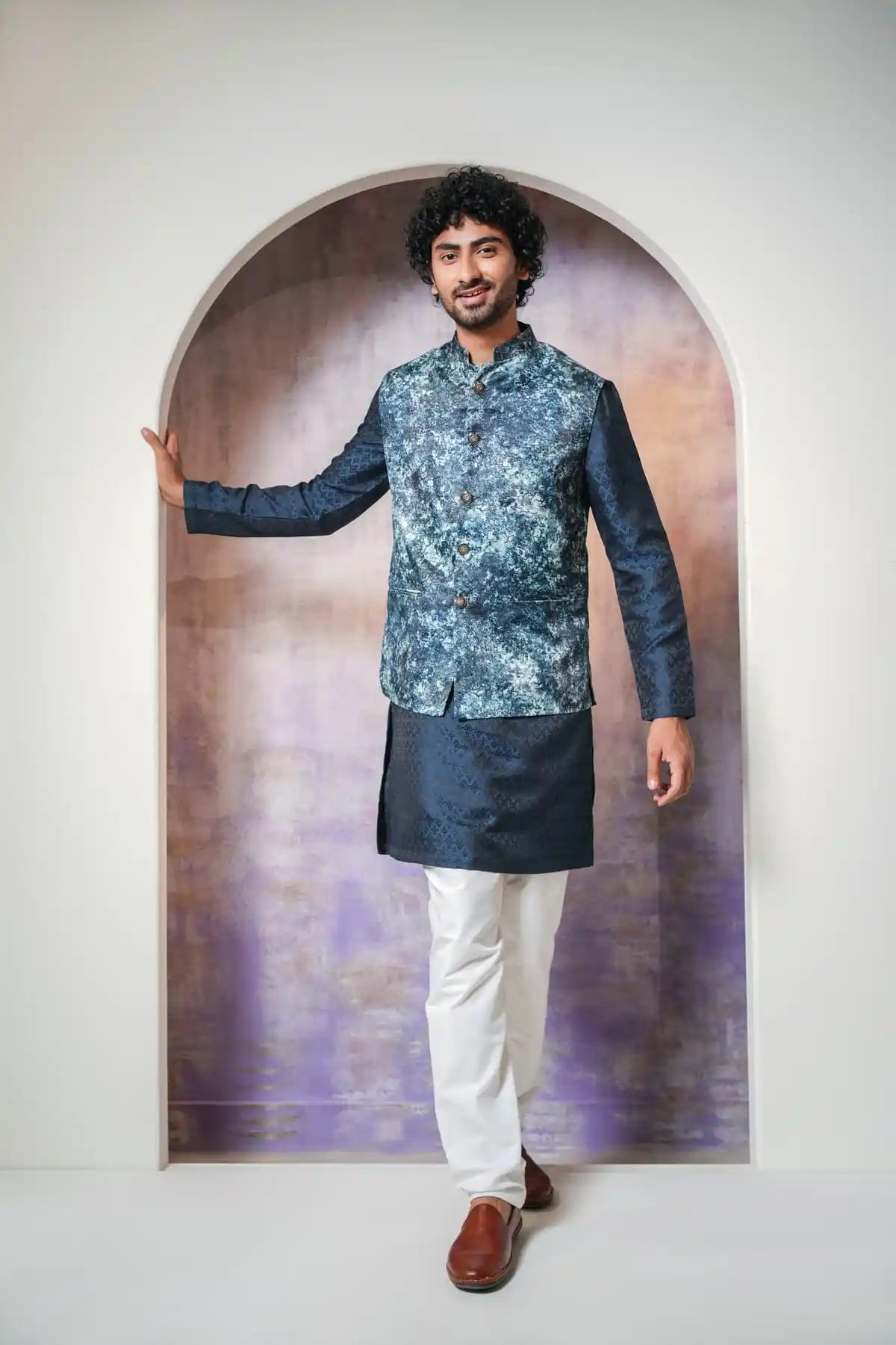 Premium Teal Blue Floral Nehru Jacket, Digital Print Nehru Jacket - Kavarsa