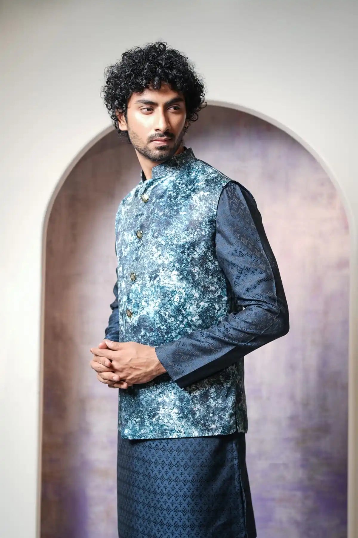 Premium Teal Blue Floral Nehru Jacket, Digital Print Nehru Jacket - Kavarsa