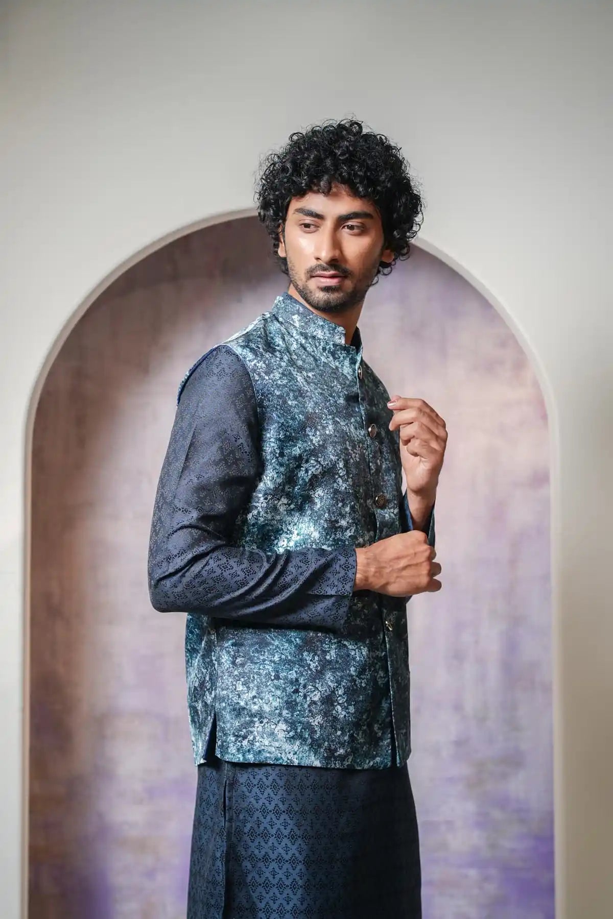Premium Teal Blue Floral Nehru Jacket, Digital Print Nehru Jacket - Kavarsa