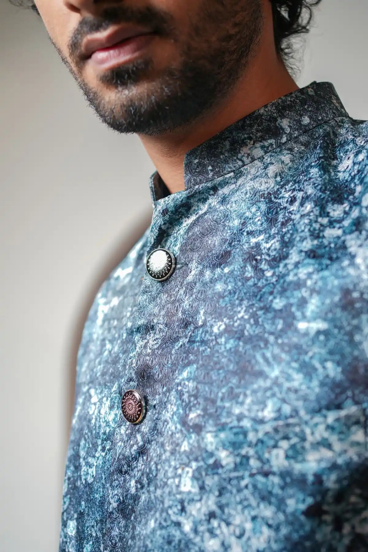 Premium Teal Blue Floral Nehru Jacket, Digital Print Nehru Jacket - Kavarsa