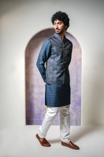 Prussian Blue Nehru Jacket, Designer Jacquard Nehru Jacket - Kavarsa