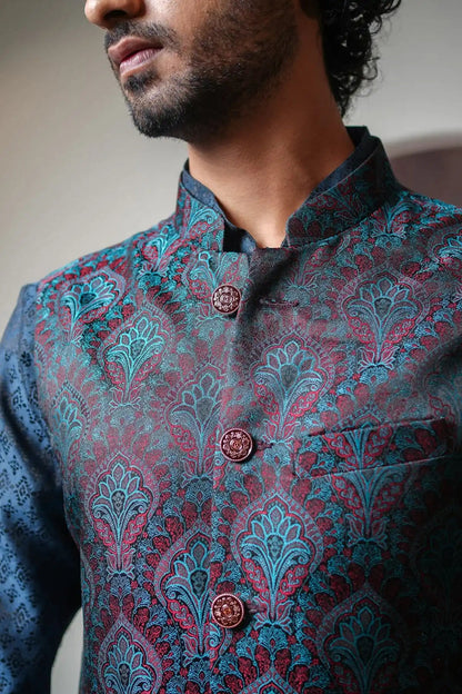 Prussian Blue Nehru Jacket, Designer Jacquard Nehru Jacket - Kavarsa
