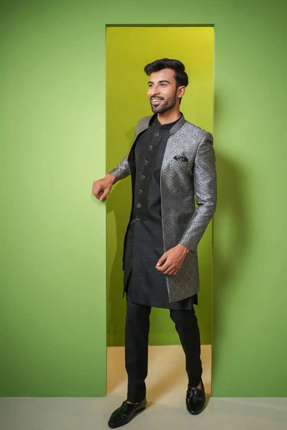 Rich Gray And Deep Black Indo-Western 2-PC - Kavarsa