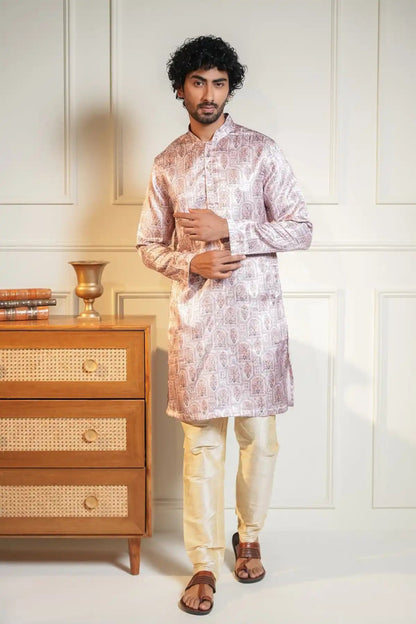 Royal Floral Print Silk Kurta, Printed Jacquard Kurta - Kavarsa
