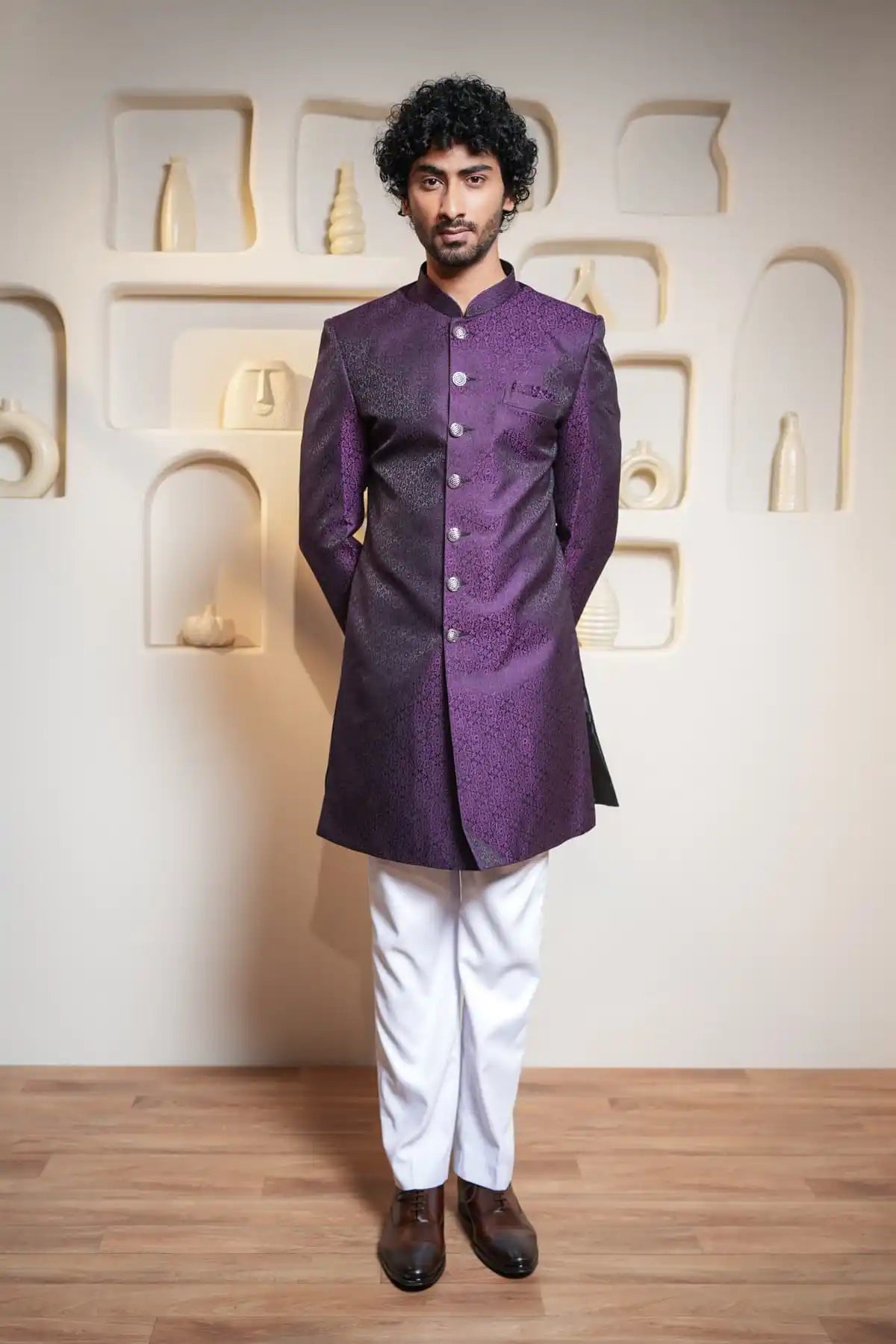 Royal Purple And Black Brocade Indo-Western Sherwani, Designer Jacquard Indo-Western - Kavarsa