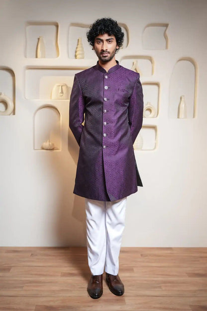 Royal Purple And Black Brocade Indo-Western Sherwani, Designer Jacquard Indo-Western - Kavarsa