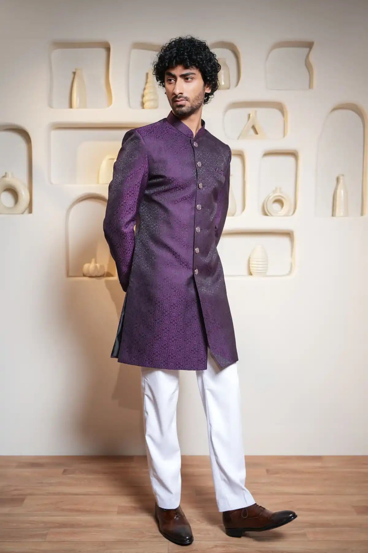 Royal Purple And Black Brocade Indo-Western Sherwani, Designer Jacquard Indo-Western - Kavarsa
