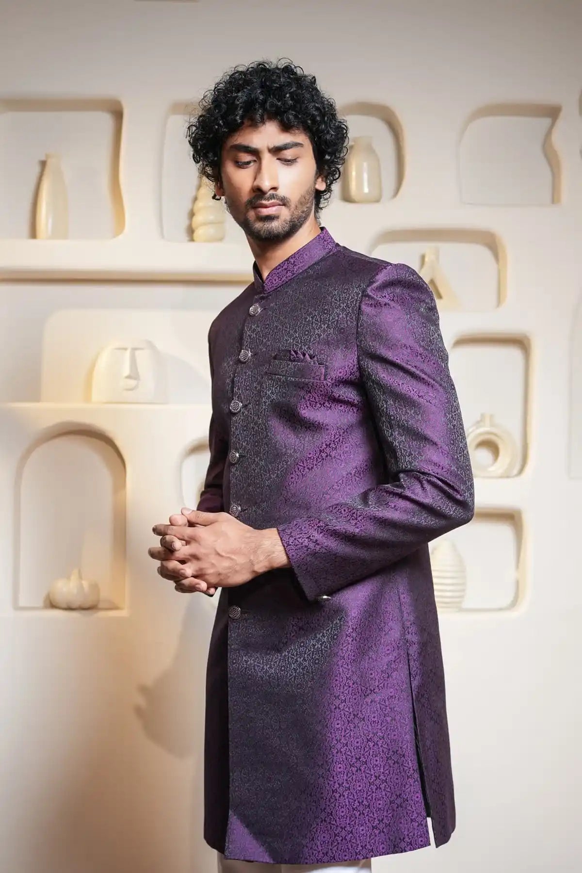 Royal Purple And Black Brocade Indo-Western Sherwani, Designer Jacquard Indo-Western - Kavarsa