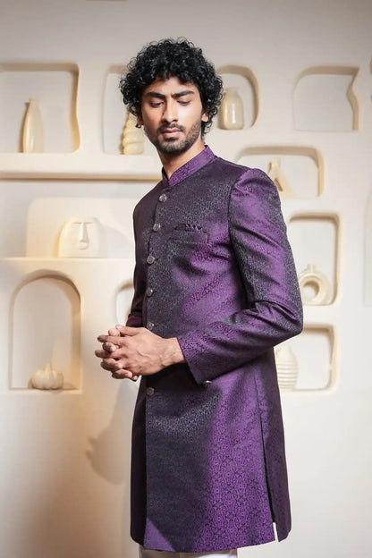 Royal Purple And Black Brocade Indo-Western Sherwani, Designer Jacquard Indo-Western - Kavarsa