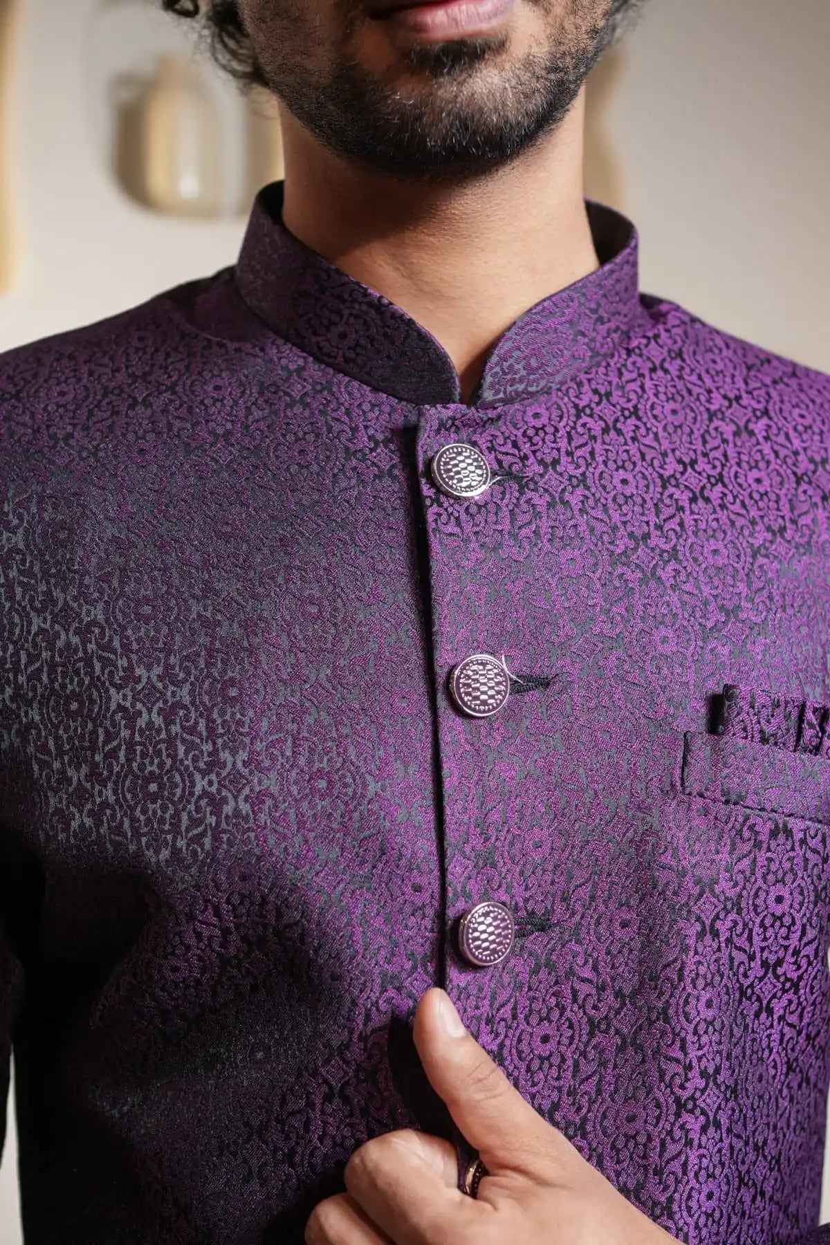 Royal Purple And Black Brocade Indo-Western Sherwani, Designer Jacquard Indo-Western - Kavarsa