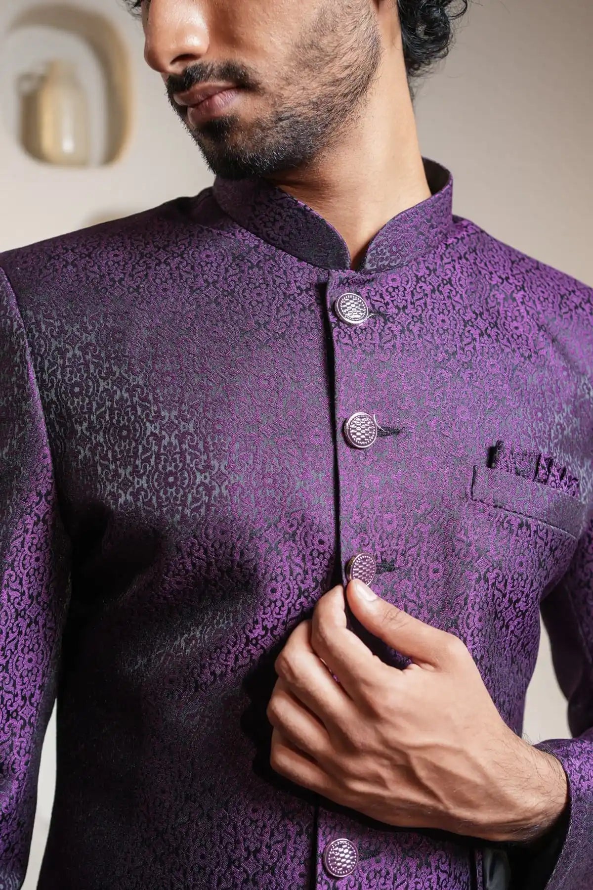 Royal Purple And Black Brocade Indo-Western Sherwani, Designer Jacquard Indo-Western - Kavarsa