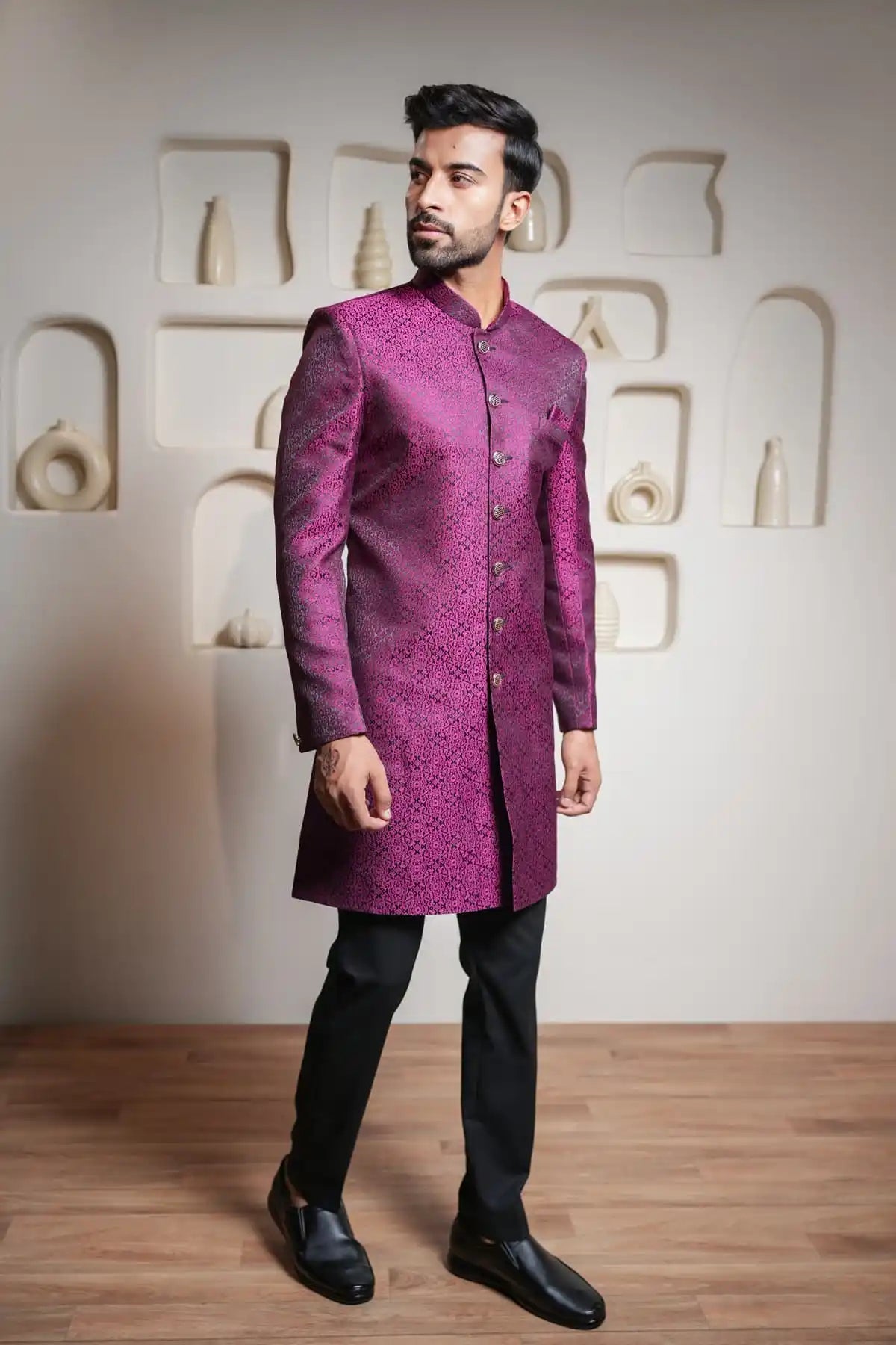 Royal Purple Brocade Indo-Western, Designer Jacquard Indo-Western - Kavarsa