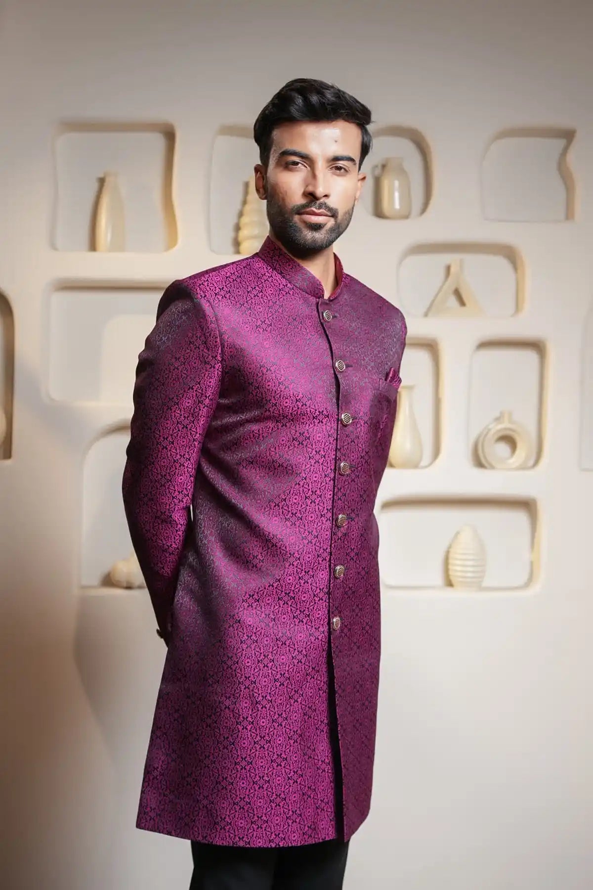 Royal Purple Brocade Indo-Western, Designer Jacquard Indo-Western - Kavarsa