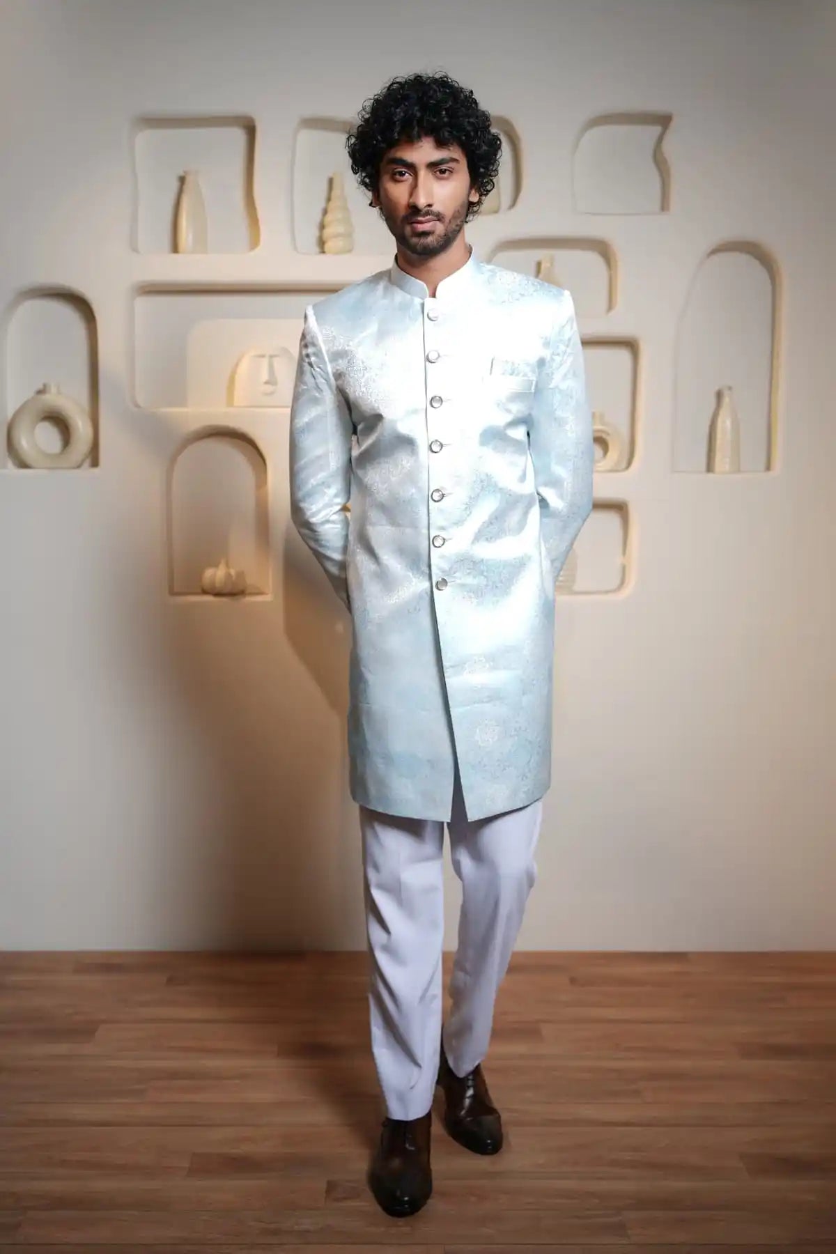 Royal Sky Blue Indo-Western, Designer Jacquard Indo-Western - Kavarsa