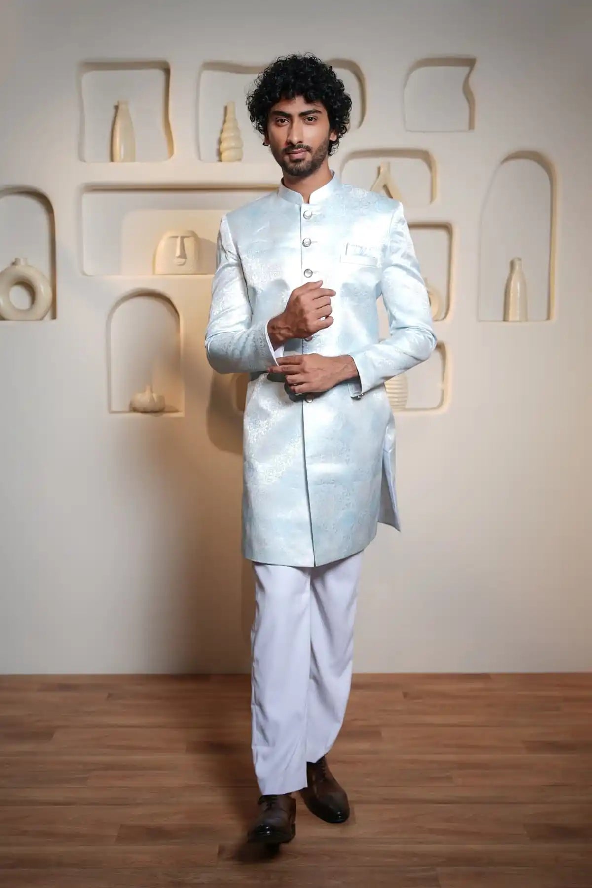 Royal Sky Blue Indo-Western, Designer Jacquard Indo-Western - Kavarsa
