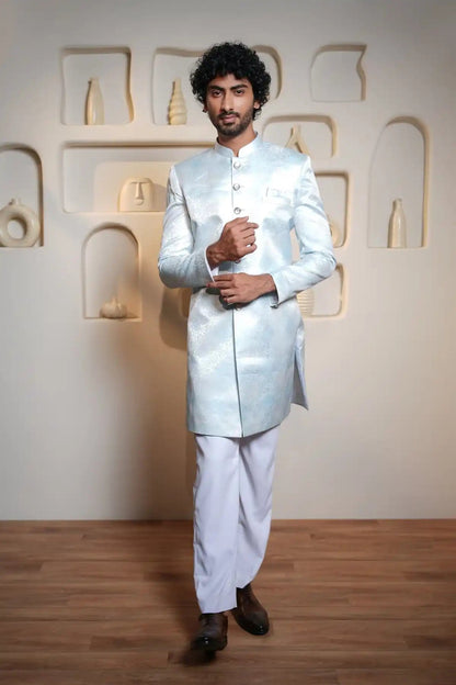 Royal Sky Blue Indo-Western, Designer Jacquard Indo-Western - Kavarsa