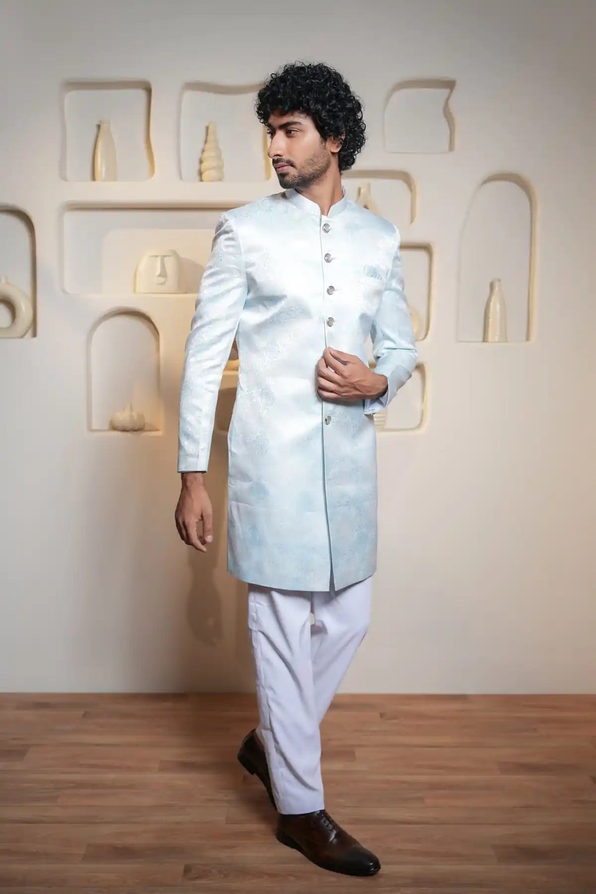 Royal Sky Blue Indo-Western, Designer Jacquard Indo-Western - Kavarsa