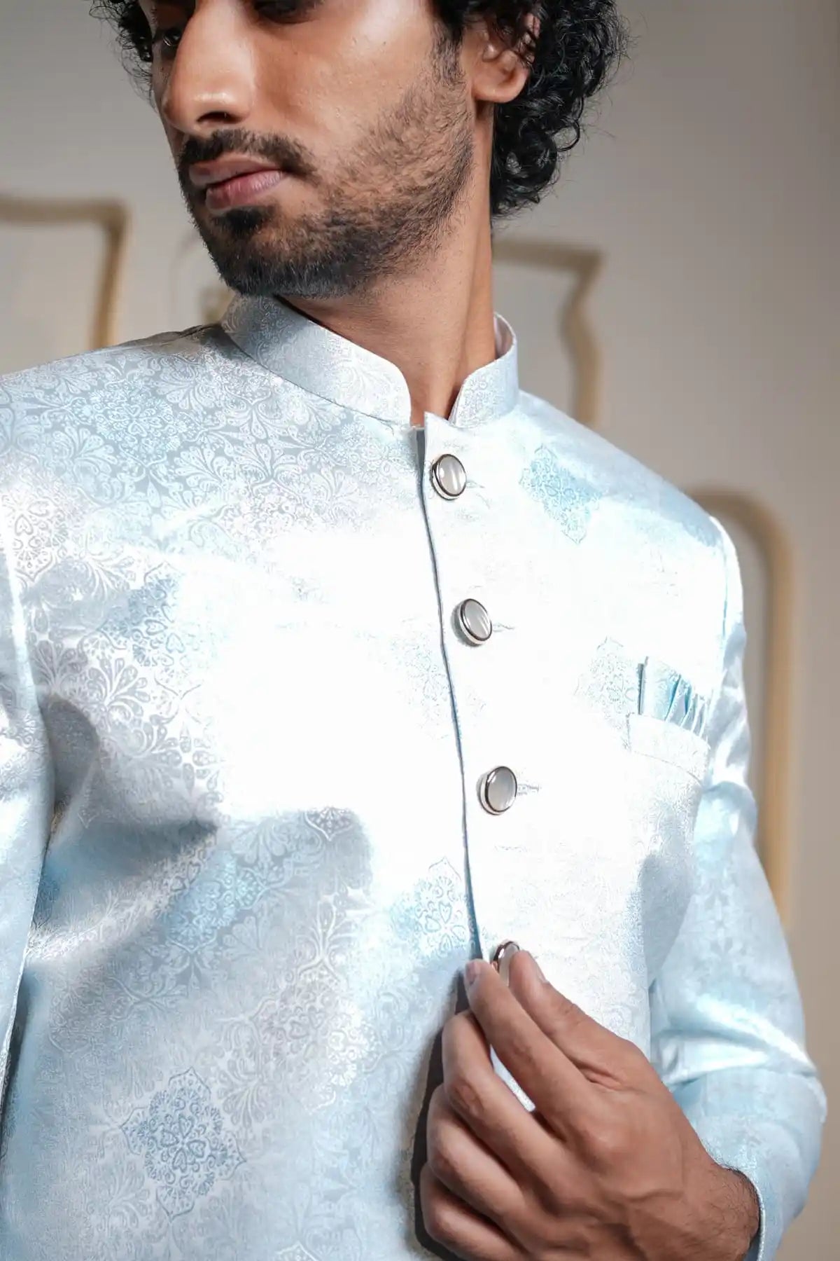 Royal Sky Blue Indo-Western, Designer Jacquard Indo-Western - Kavarsa