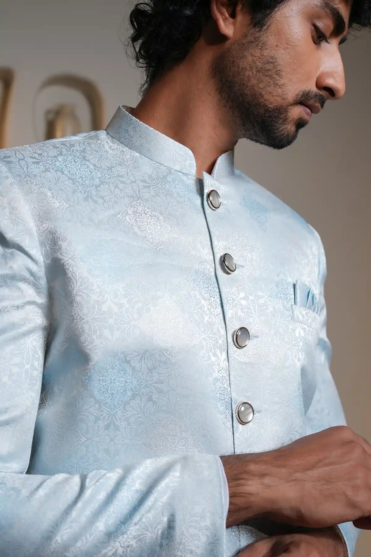 Royal Sky Blue Indo-Western, Designer Jacquard Indo-Western - Kavarsa