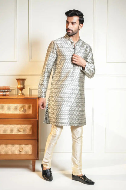 Silver Diamond Kurta, Designer Jacquard Kurta - Kavarsa