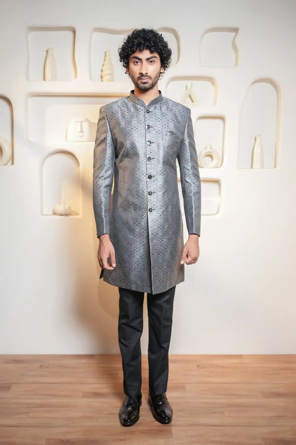 Silver Patterned Indo-Western, Designer Jacquard Indo-Western - Kavarsa