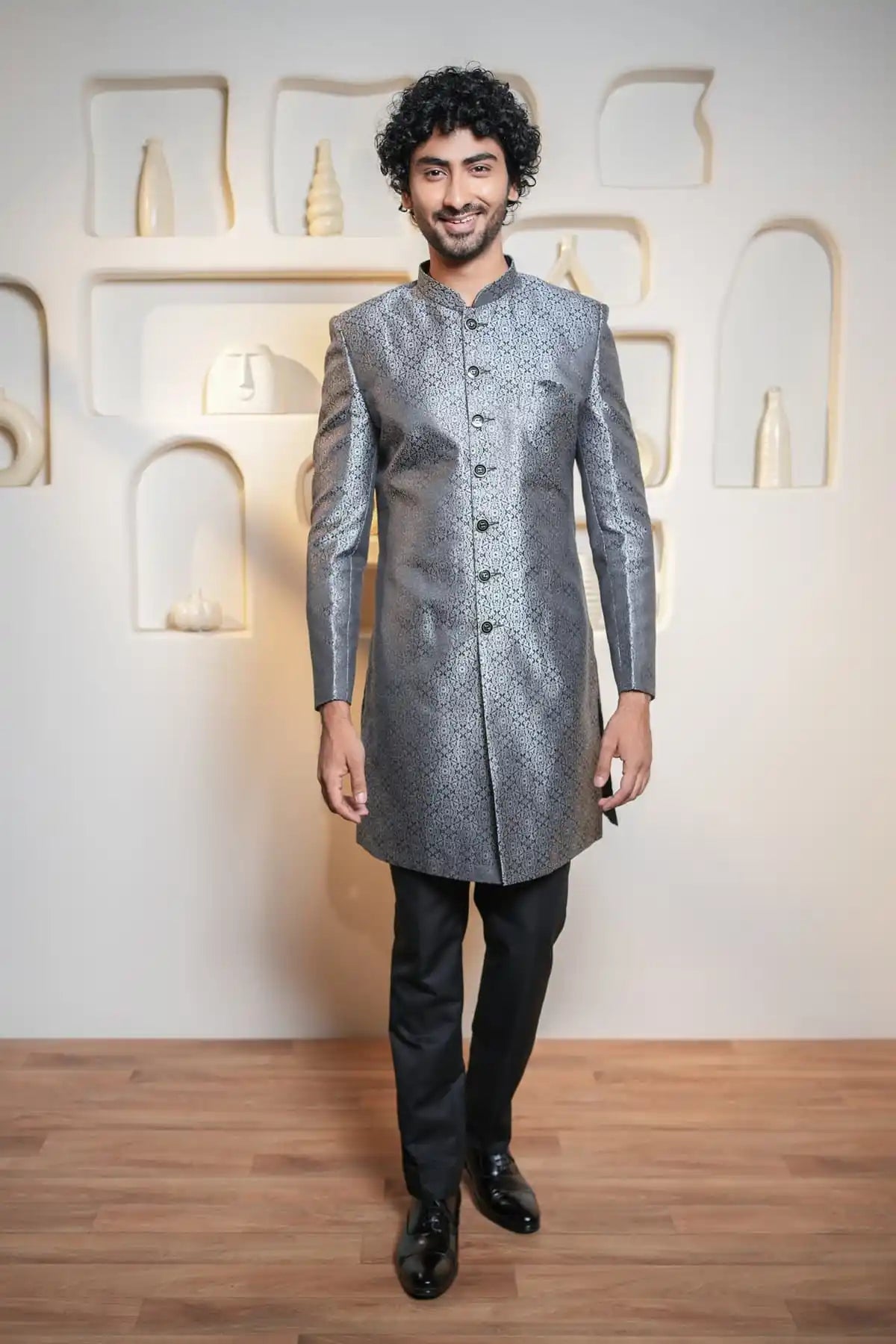 Silver Patterned Indo-Western, Designer Jacquard Indo-Western - Kavarsa