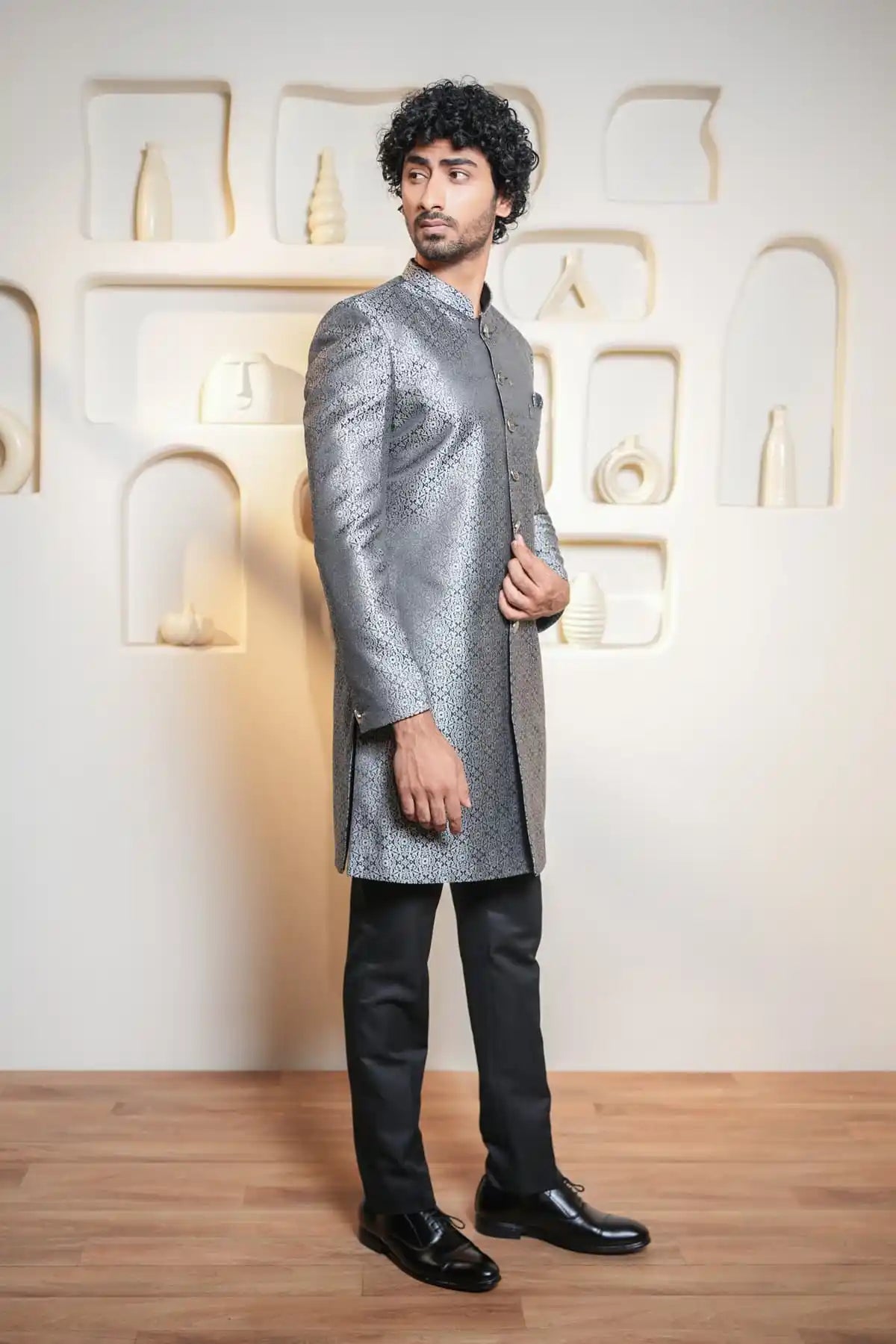 Silver Patterned Indo-Western, Designer Jacquard Indo-Western - Kavarsa