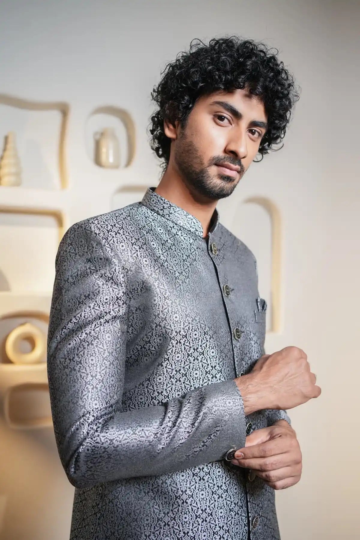 Silver Patterned Indo-Western, Designer Jacquard Indo-Western - Kavarsa