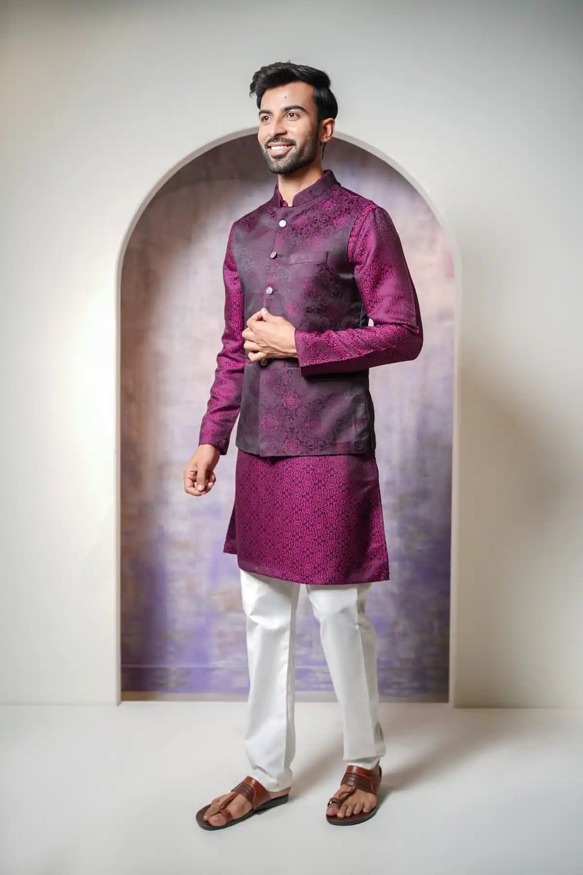 Sleek Black Nehru Jacket With Purple Floral Pattern, Designer Jacquard Nehru Jacket - Kavarsa